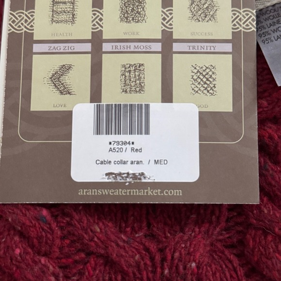 Aran Sweater Market Ireland Cable Knit Mock Neck Red Wool Cashmere Fisherman - Picture 8 of 14